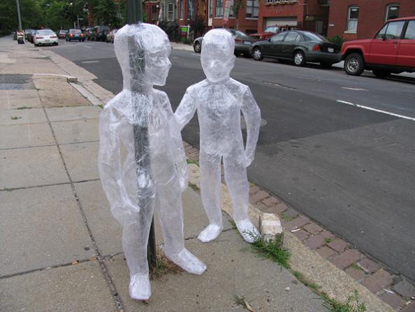 packing tape babies street art sculptures This is Art...with Packaging Tape! Meet Mark Jenkins