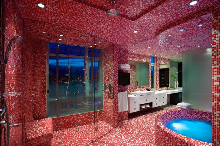 master en suite bathroom red penthouse vancouver The $10 Million Aquarius Penthouse Feels Like a Nightclub