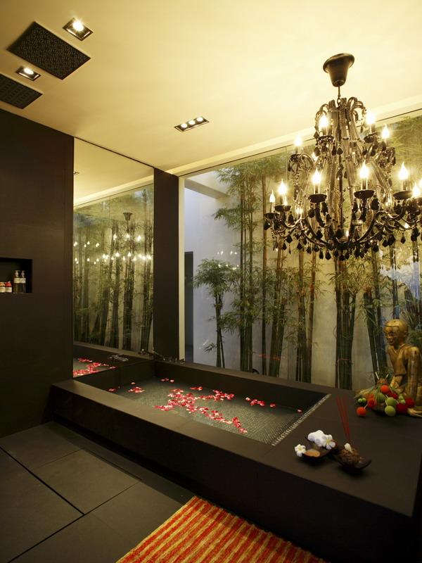 beautiful black bathtub with flower petals What a Mansion in Thailand Looks Like