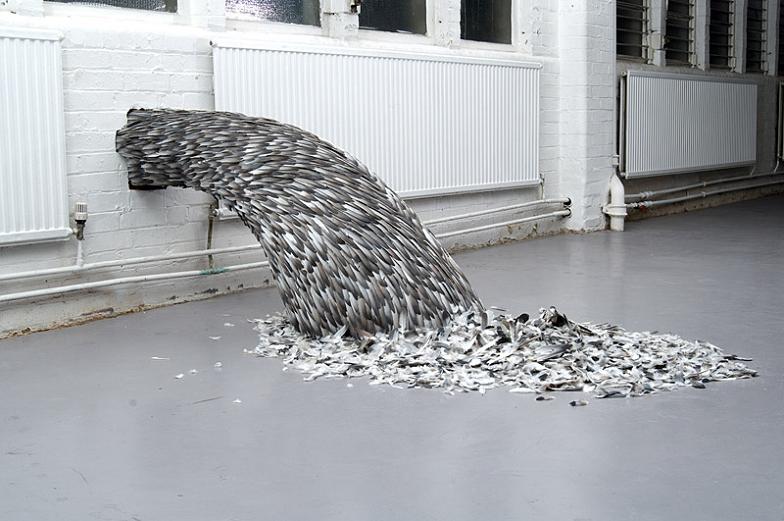 bird feathers rushing out of pipe in wall Incredible Feather Art by Kate MccGwire
