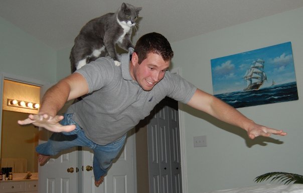 cat rides the back of a guy flying in midair Picture of the Day   May 20, 2010