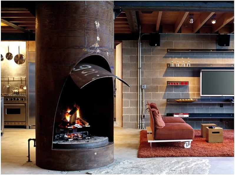 steel pipe fireplace Industrial Chic   Modern Cabin with Giant Window for a Wall