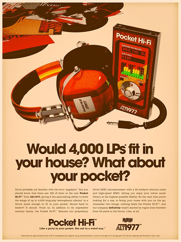 retro ad for ipod in the 70s style Back to the Future: Retro 70s Ads for Todays Gadgets