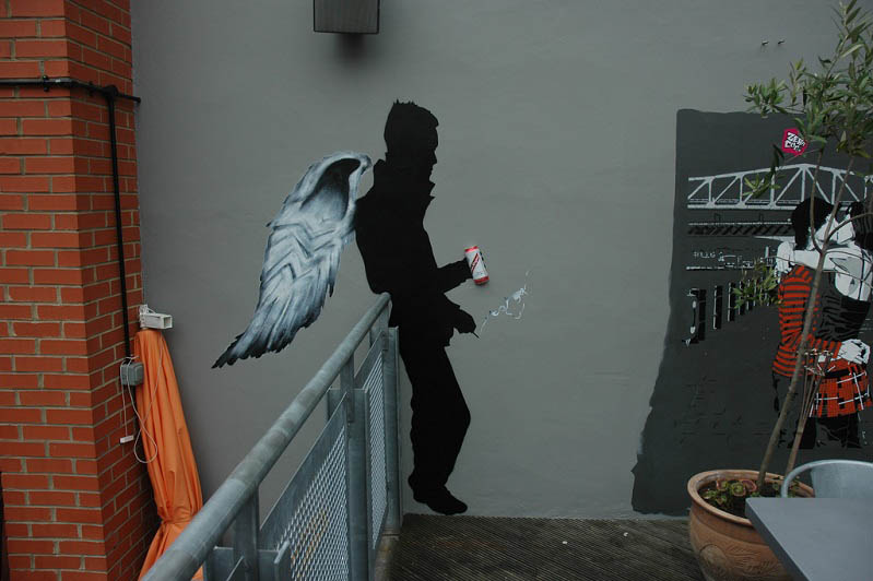 angel smoking and drinking mobstr stencil Brilliant Street Art by Mobstr [20 pics]