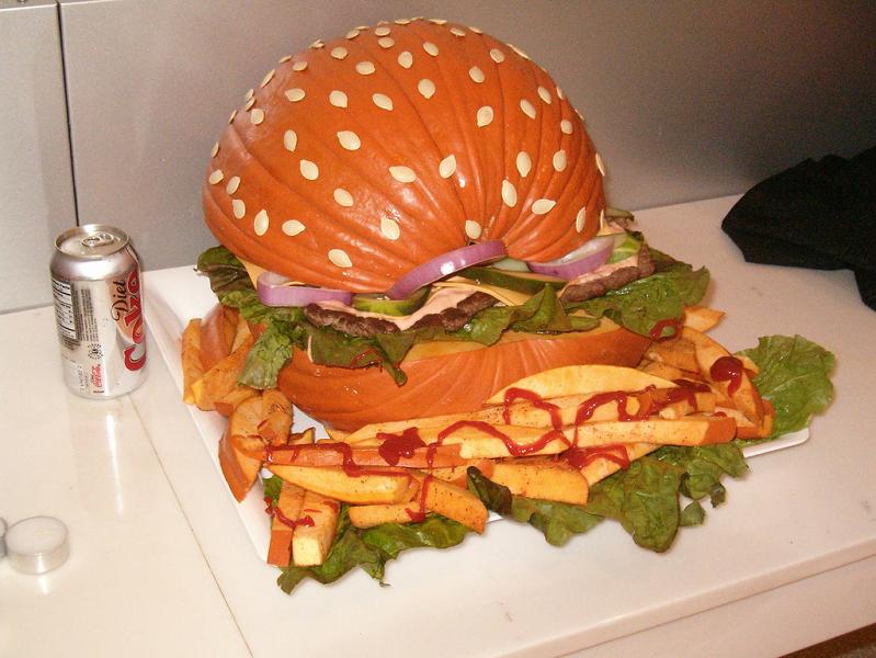 hamburger pumpkin with fries 25 Mind Blowing Halloween Pumpkins