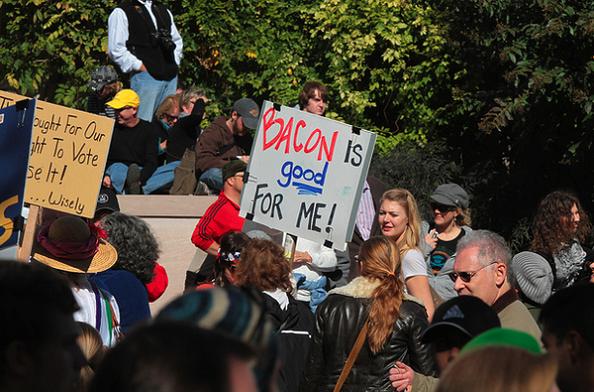 bacon is good funny protest sign 25 Funniest Protest Signs of 2010