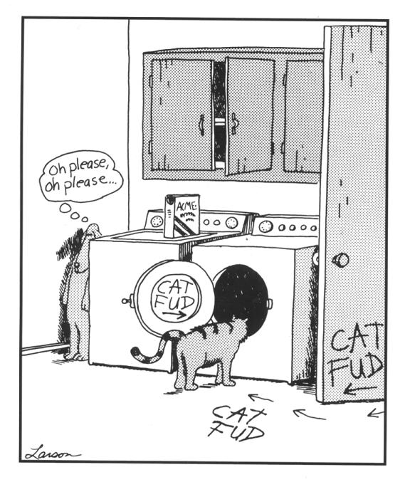 farside comic gary larson dog leads cat to washer Cat Fud [Comic Strip]