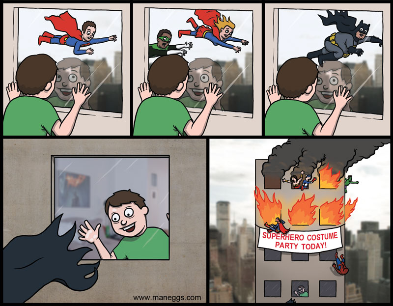 super hero costume party comic falling out window Super Heroes [Comic Strip]