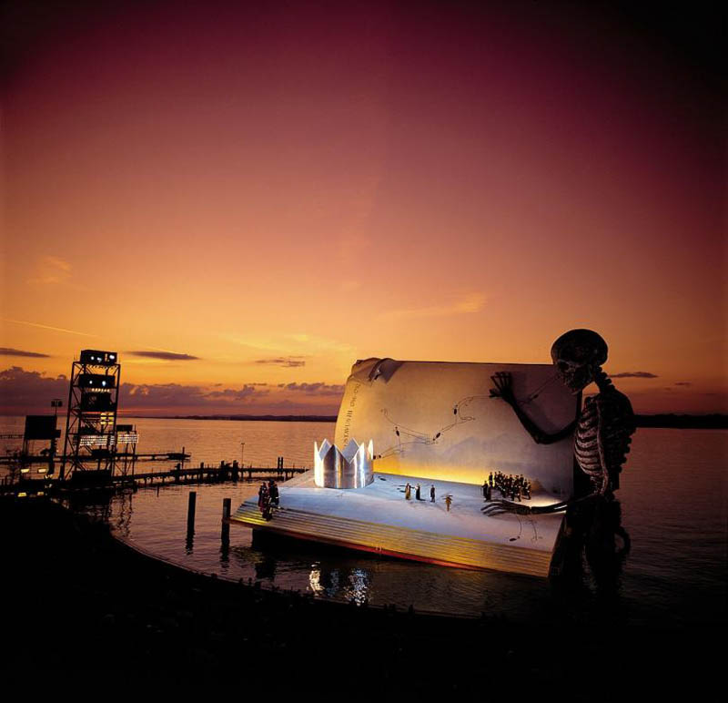 bregenz opera on the lake a masked ball giuseppe verdi giant skeleton book stage The Largest Floating Stage in the World