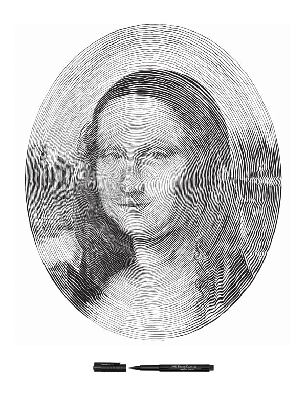mona lisa made from single outward spiral pen stroke 1 Incredible Portraits Made From A Single Pen Stroke
