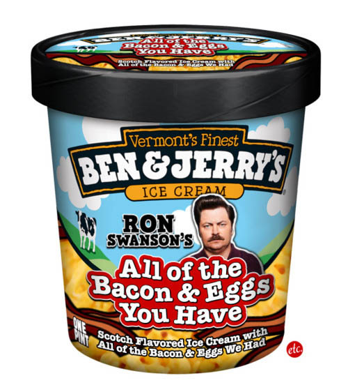 ron swanson bacon and eggs funny ben and jerrys ice cream labels flavors 10 Funny Ben & Jerrys Pop Culture Ice Cream Flavors