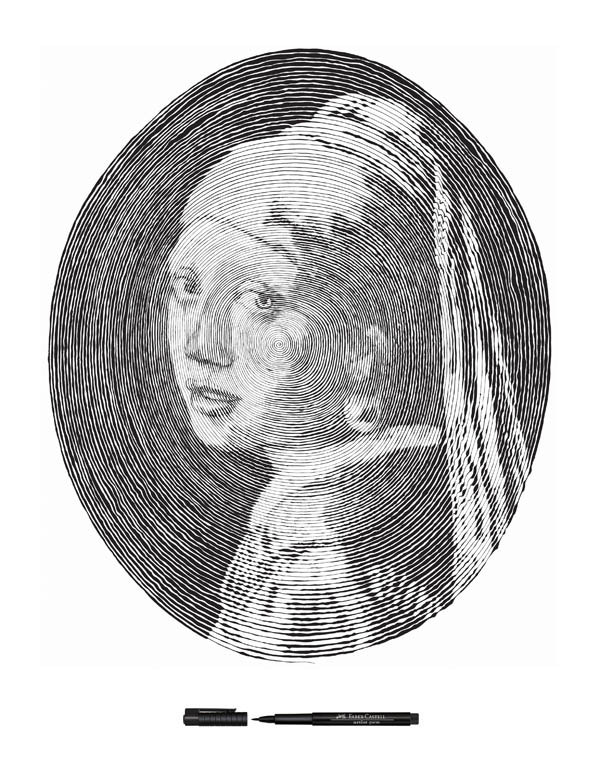 vermeer girl with pearl earring made from one line 3 Incredible Portraits Made From A Single Pen Stroke