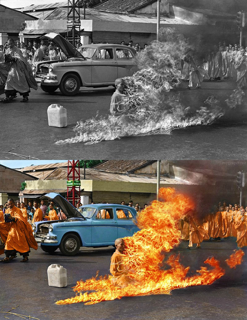 burning monk immolation colorized ratm album cover 15 Famous Photos in History Colorized 