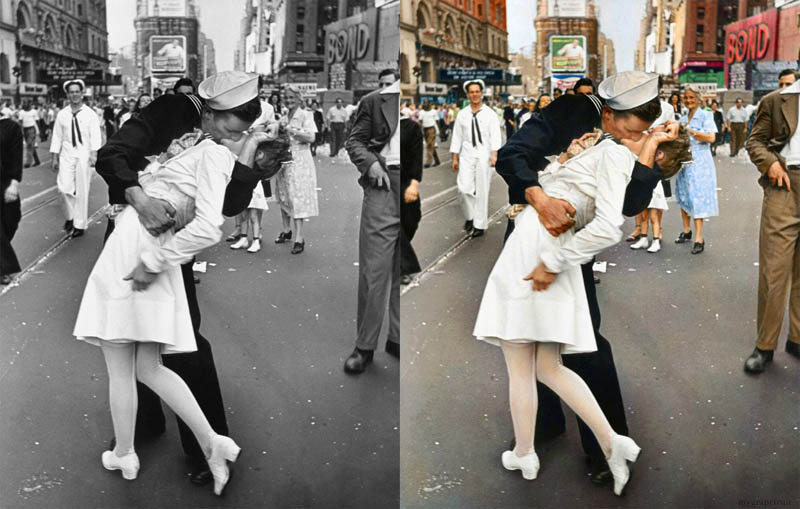 times square kiss sailor dip colorized 15 Famous Photos in History Colorized 