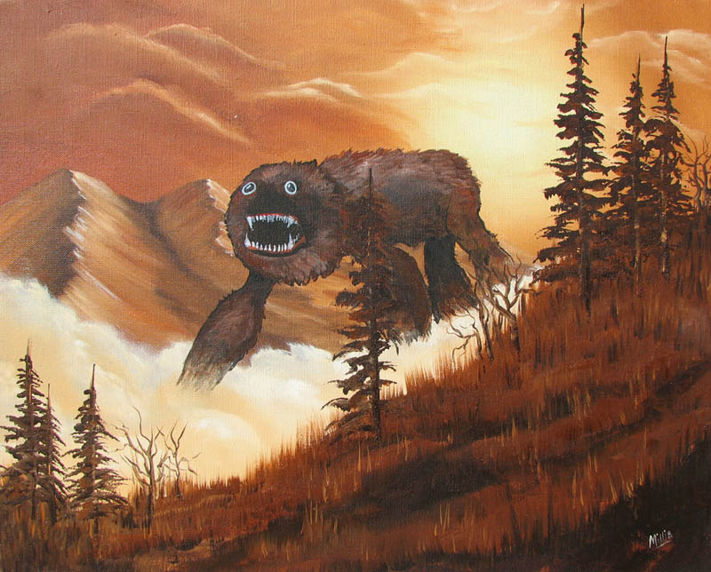 adding monsters to thrift store landscape paintings chris mcmahon 2 Couple Turns Engagement Photos Into Epic Series of Movie Posters