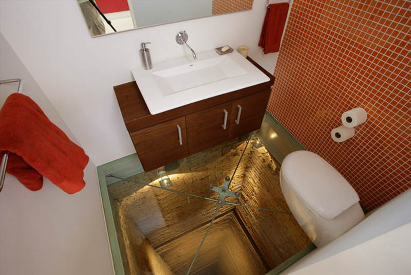 bathroom built over elevator shaft 4 This Bathroom Will Scare the Crap out of You