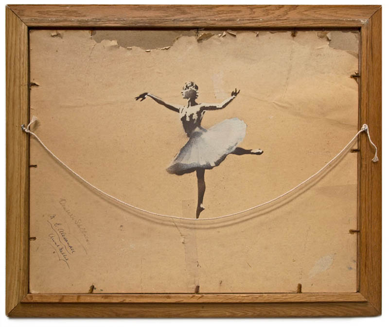 banksy ballerina on back of painting hanging string 10 Latest Artworks from Banksy