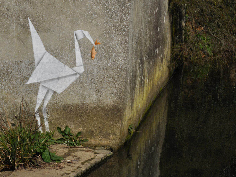 banksy origami crane with fish 10 Latest Artworks from Banksy