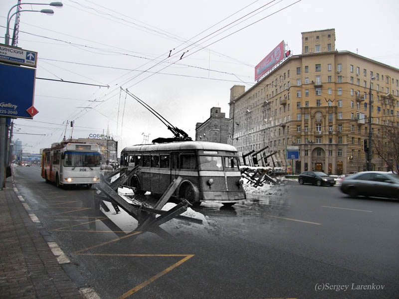 moscow kutuzovsky 1941 2009 trolleybuses moscow kutuzovsky prospekt 1941 2009 trolleys Blending Scenes from WWII into Present Day
