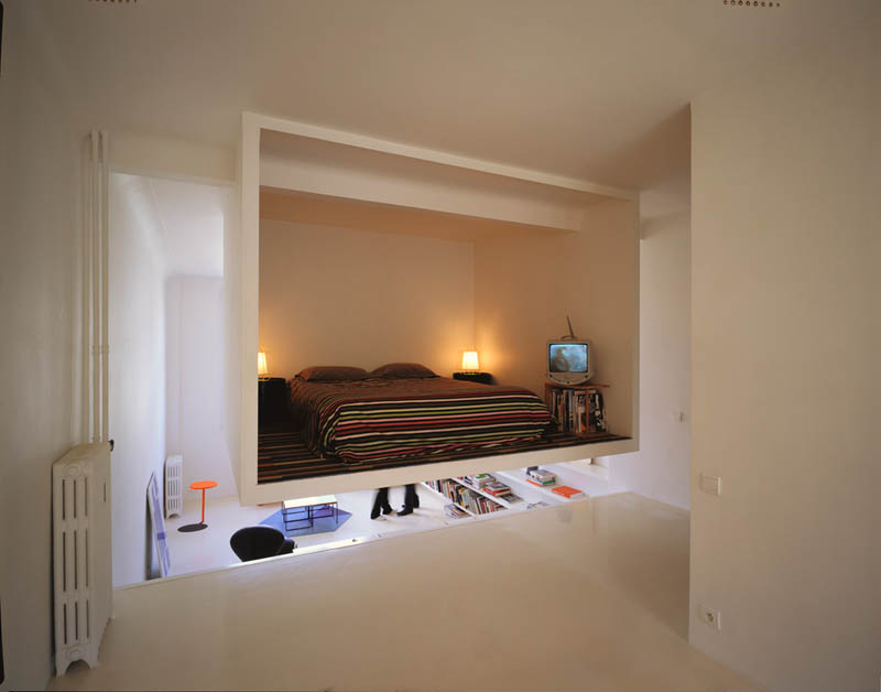 open concept loft bachelor apartment with hanging bedroom ecdm valentin 12 Unique Loft Space with Hanging Bedroom