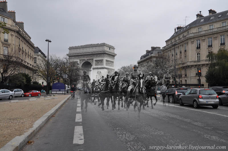 paris 1940 2010 german cavalry on the avenue foch Blending Scenes from WWII into Present Day
