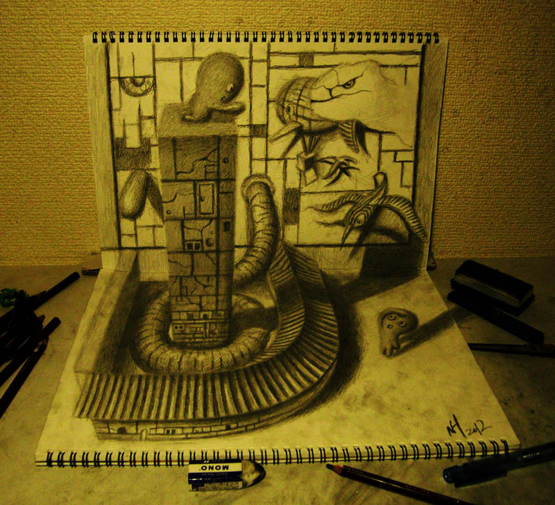 head on perspective of 3d pencil art two sketchbooks perpendicular