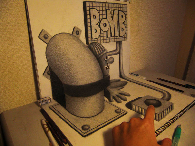 3d art using just a pencil and paper with artists hand to reference 