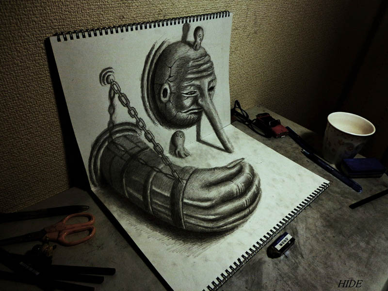 3d art with pencil on two sketchbooks