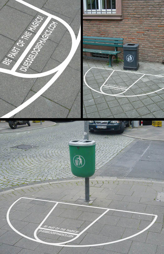 basketball court sticker placed around garbage cans to make throwing out litter a game