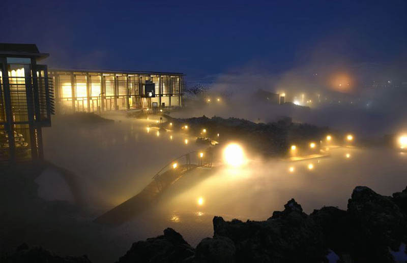 wide angle shot of the blue lagoon geothermal spa in iceland at night