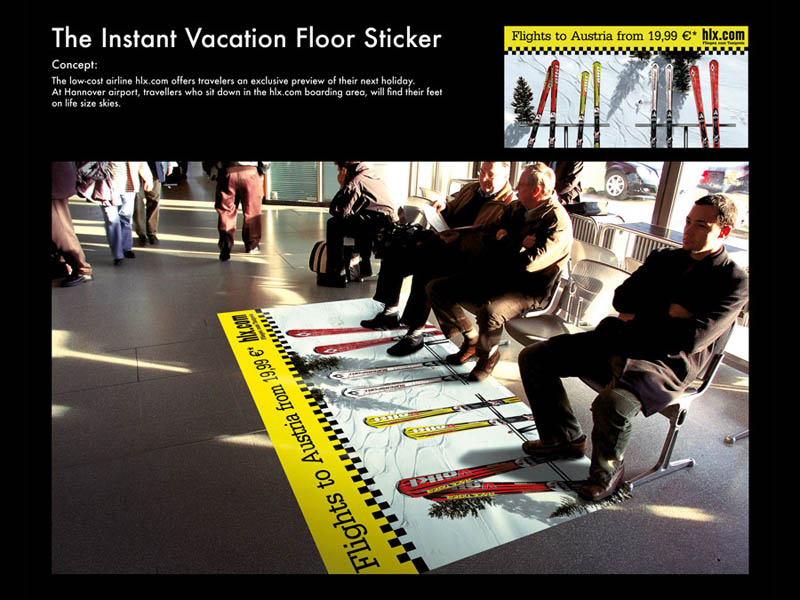 floor sticker of skis turns bench into chair lift