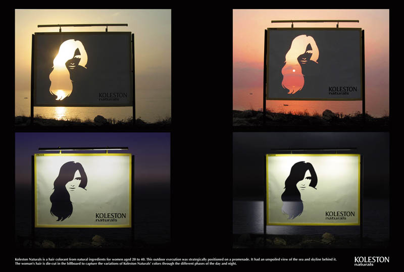 cutout of hair on billboard to show different dyes as daylight changes throughout day