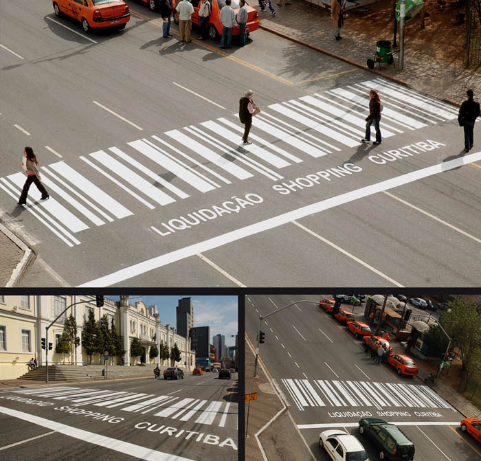 crosswalk section made to look like a barcode to promote a shopping mall