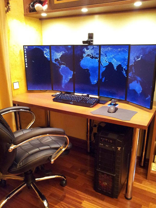 five portrait computer monitor workstation set up 