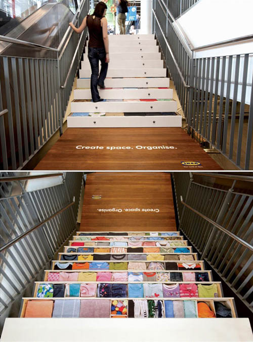ikea stair sticker ad shoes each stair as a drawer filled with clothes