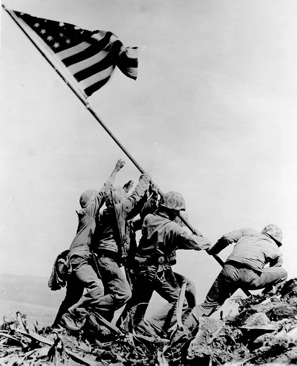 cropped famous photo showing us soldiers raising flag on iwo jima in ww2