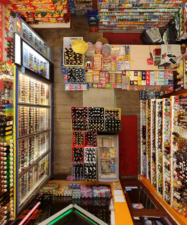 photo of a convenient store from above looking down