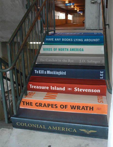 each step looks like spine of famous book using vinyl sticker