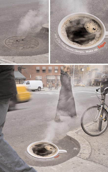 coffee cup sticker placed over steaming manhole to make it look like fresh cup of coffee