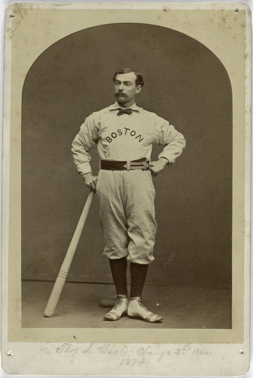 Tommy Beals, 1874 Change 2nd base (1874) striking a baseball pose