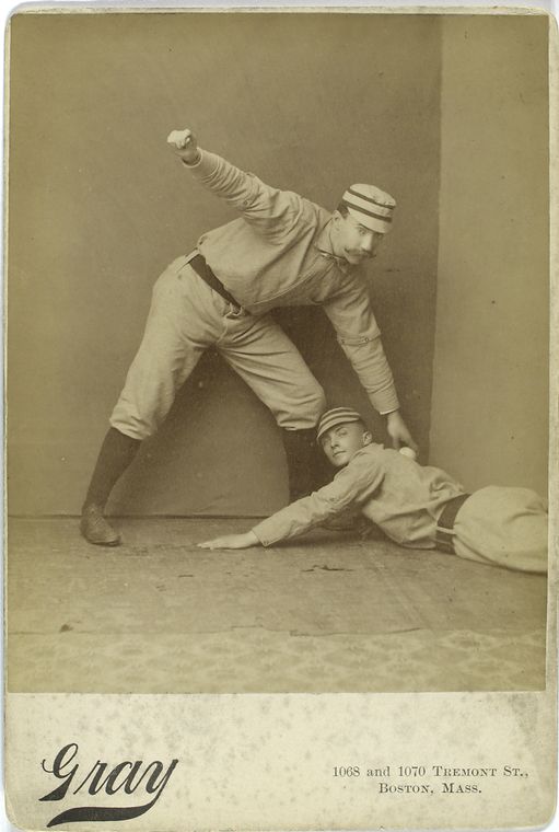 Charlie Ferguson and Tommy McCarthy, Philadelphia Quakers weird sliding baseball photo