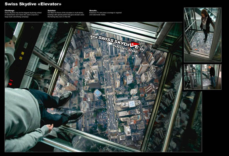skydiving elevator ad makes it seem like you are looking down on the city from a plane