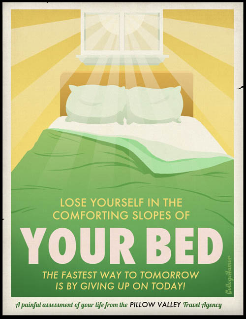 funny travel poster for going to bed and getting sleep