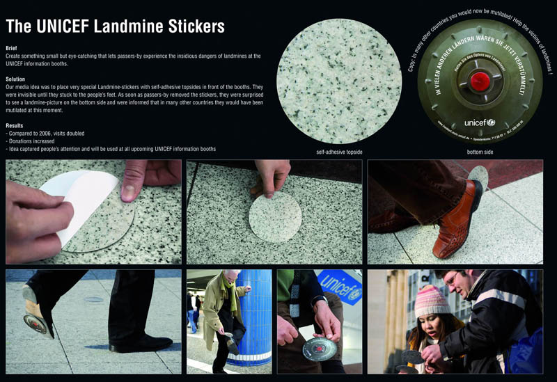 floor stickers look like ground on one side landmine on the other awareness campaign by unicef