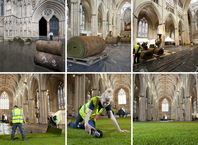 sequence of six photos showing the preparation setup and installation of real grass inside west minster cathedral