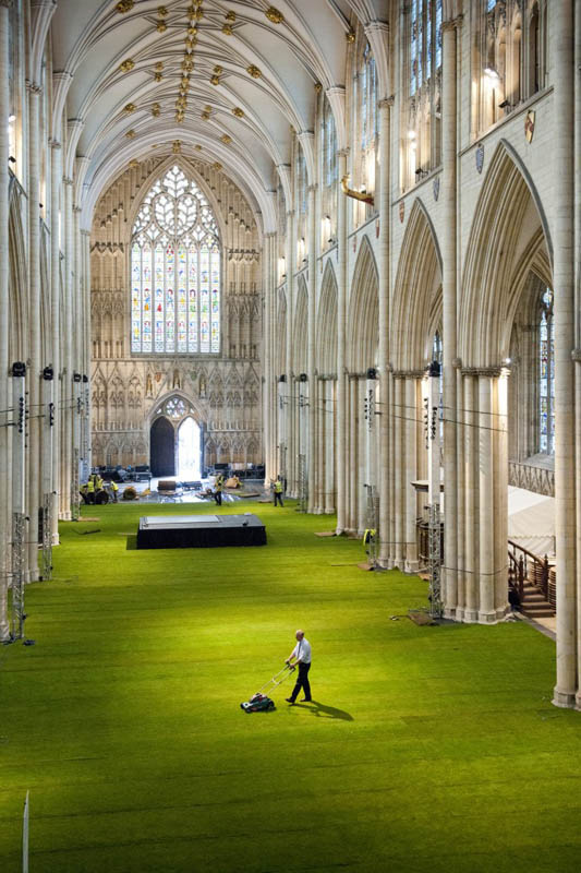 wow grass installed inside the york minster cathedral aerial shot from above