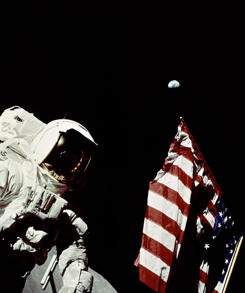 Apollo 17 Astronaut Cernan Adjusts U.S. Flag on Lunar Surface