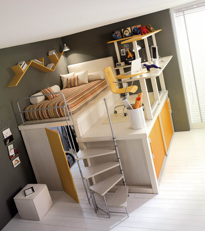 elevated bed with desk area, closet and storage space below