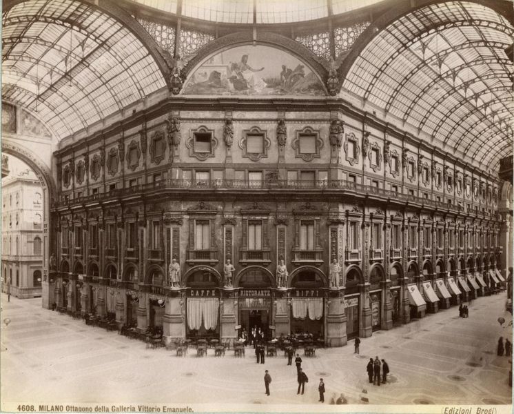 historic photo of the galleria in milan from the 1800s shows the center of the octagon