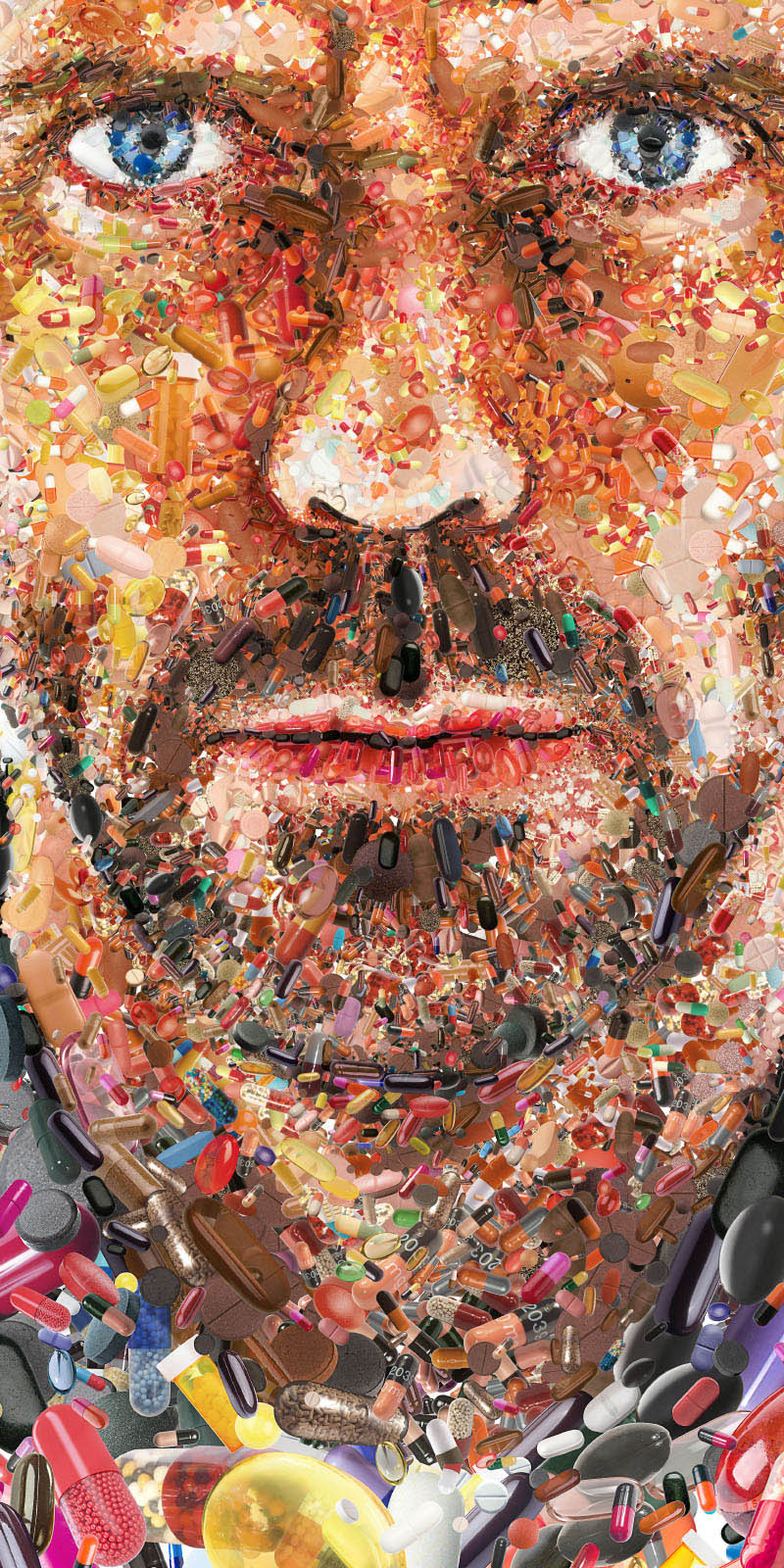 close up of photo mosaic for hugh laurie made of pills meds and doctor hospital related imagery